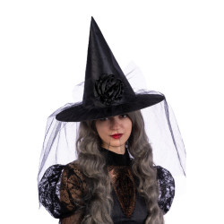 Čarodějnický klobouk s květinou a závojem